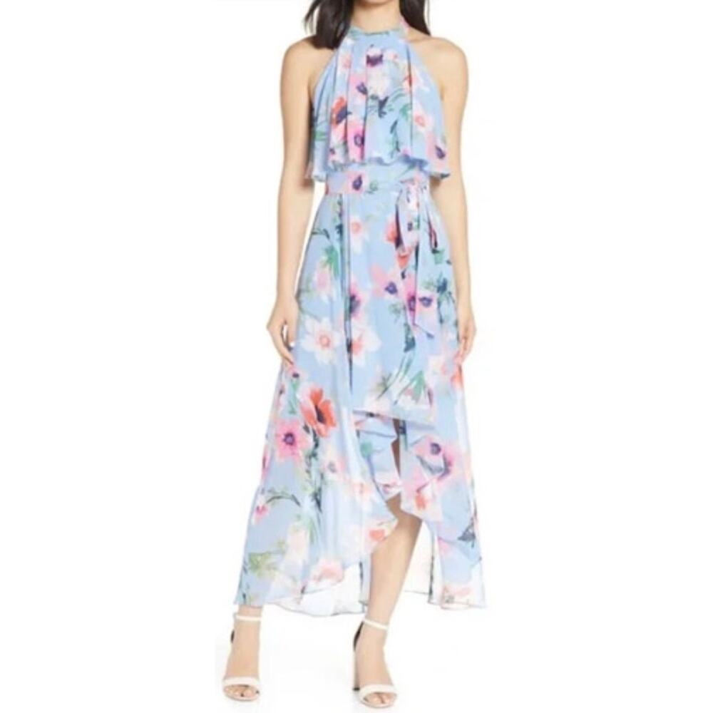 Eliza J Dress Floral Halter Neck High Low Midi Dress Size 10 Blue Ruffle Chiffon